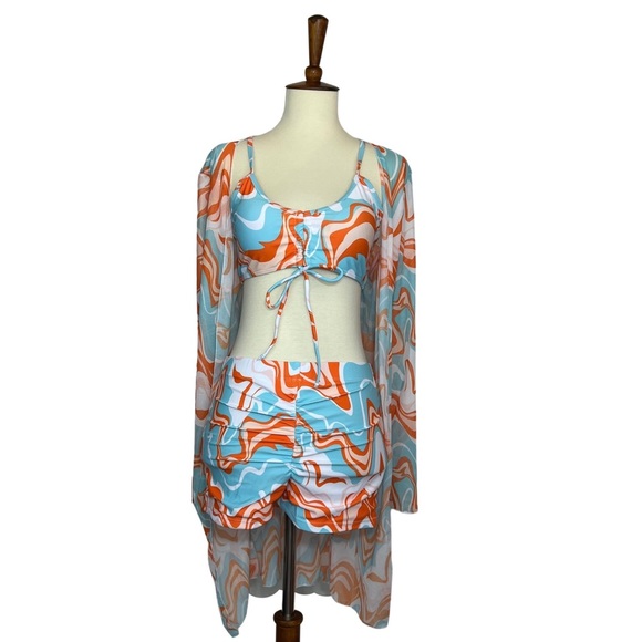Retro 3 Pcs Set Orange Blue White Psychedelic Bikini & Coverup - Picture 6 of 15